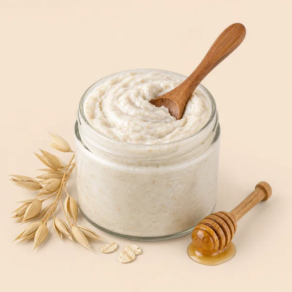 Mascarilla casera de avena y miel en frasco de vidrio