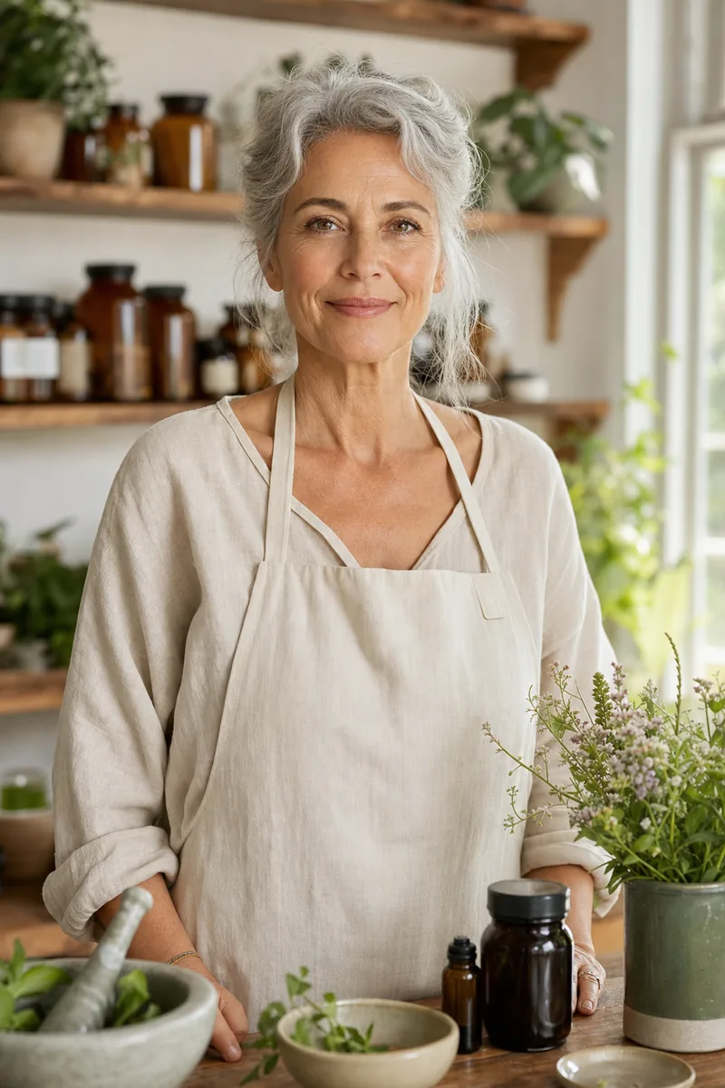 Mujer madura de cabello gris preparando cosmética natural en su cocina, rodeada de frascos ámbar y plantas